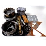 A tray of antique pewter, shears, pair of glove stretchers,