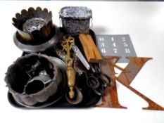 A tray of antique pewter, shears, pair of glove stretchers,
