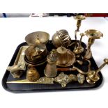 A tray of assorted brass ware including pair of candlesticks in the form of cobras, letter knife,