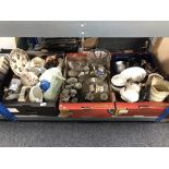 Three boxes containing antique and later ceramics and glassware to include teapots,