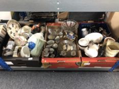 Three boxes containing antique and later ceramics and glassware to include teapots,