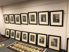 A set of 15 monochrome engravings depicting figures and taverns, in ebonised frames.