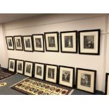 A set of 15 monochrome engravings depicting figures and taverns, in ebonised frames.