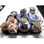 A tray containing 21 pieces of Wedgwood willow patterned tea china together with seven further