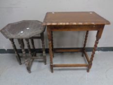 An oak pie crust edge barley twist occasional table together with a carved antique oak octagonal