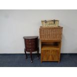 A demi lune jewellery chest together with a mid 20th century walnut double door bedside cabinet and