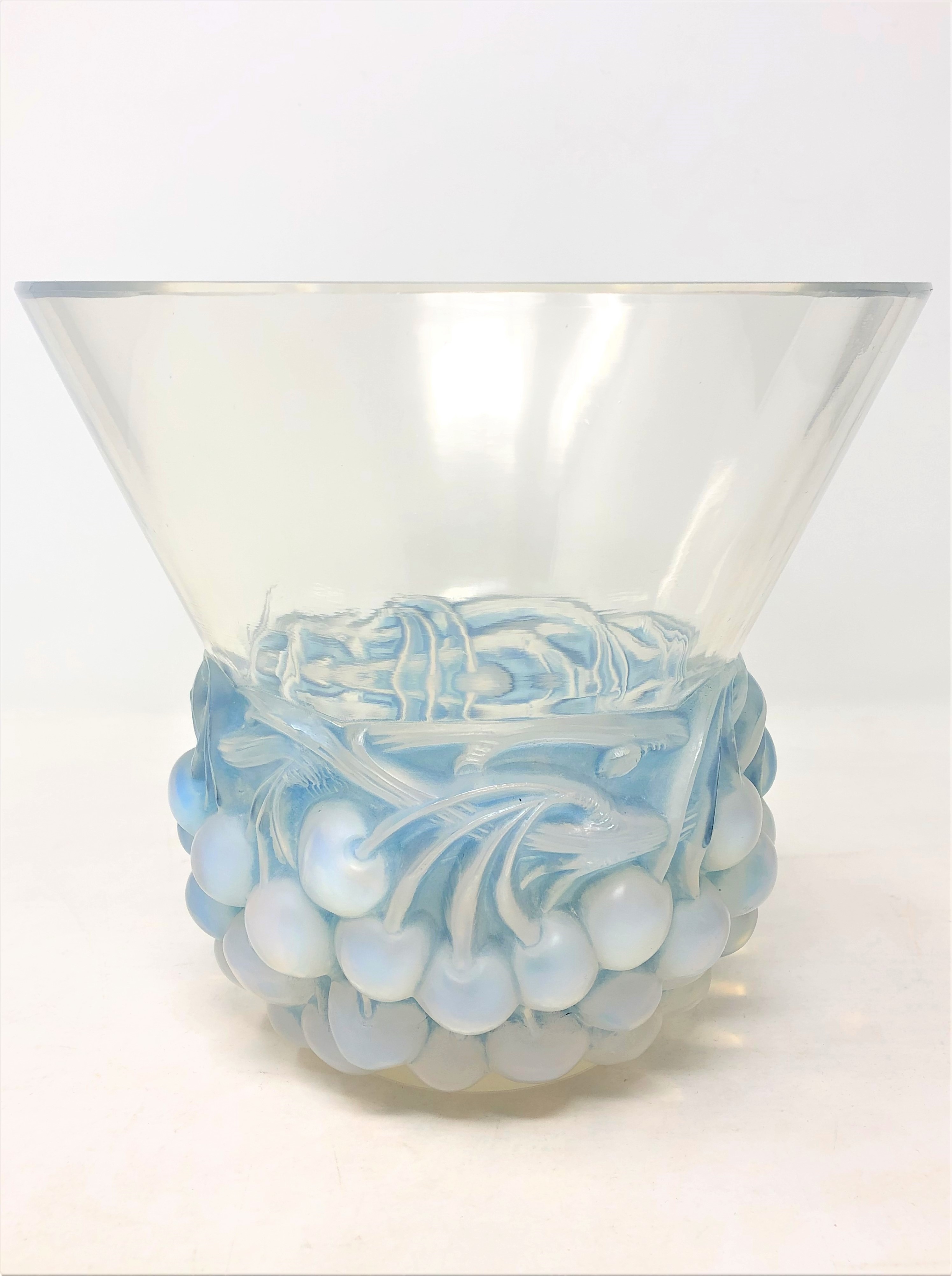 A Rene Lalique Cerises pattern opalescent glass vase, circa 1930, signed R.