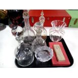 A tray containing antique and later glassware to include whisky and liqueur decanters,
