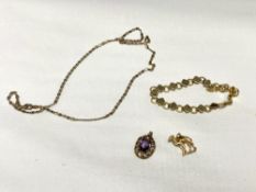 Two gold plated pendants and a chain and bracelet