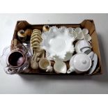 A box containing miscellaneous ceramics and glassware to include handkerchief dish,
