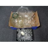 Two boxes containing a quantity of antique and later glassware to include jelly moulds,