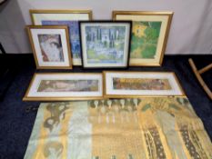 Six framed Gustav Klimt prints together with a Gustav Klimt wall hanging on metal pole