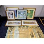 Six framed Gustav Klimt prints together with a Gustav Klimt wall hanging on metal pole