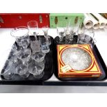Two trays containing assorted glassware to include sundae dishes, tankards, silver jubilee glasses,