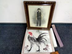 An Edwardian framed monochrome print of a man together with two rolled Japanese watercolours