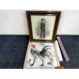 An Edwardian framed monochrome print of a man together with two rolled Japanese watercolours