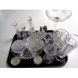 A tray containing assorted glassware to include Edinburgh crystal vases, glass salts, rose bowls,