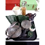 A tray containing kitchenalia to include stainless steel coffee and teapot,