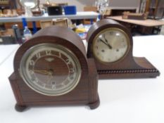 An Art Deco oak cased Westminster chime mantel clock together with a further mantel clock with