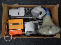 A box containing Polaroid camera, projectors,