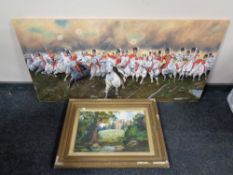 A contemporary oil on panel depicting the charge of the light brigade together with a further gilt