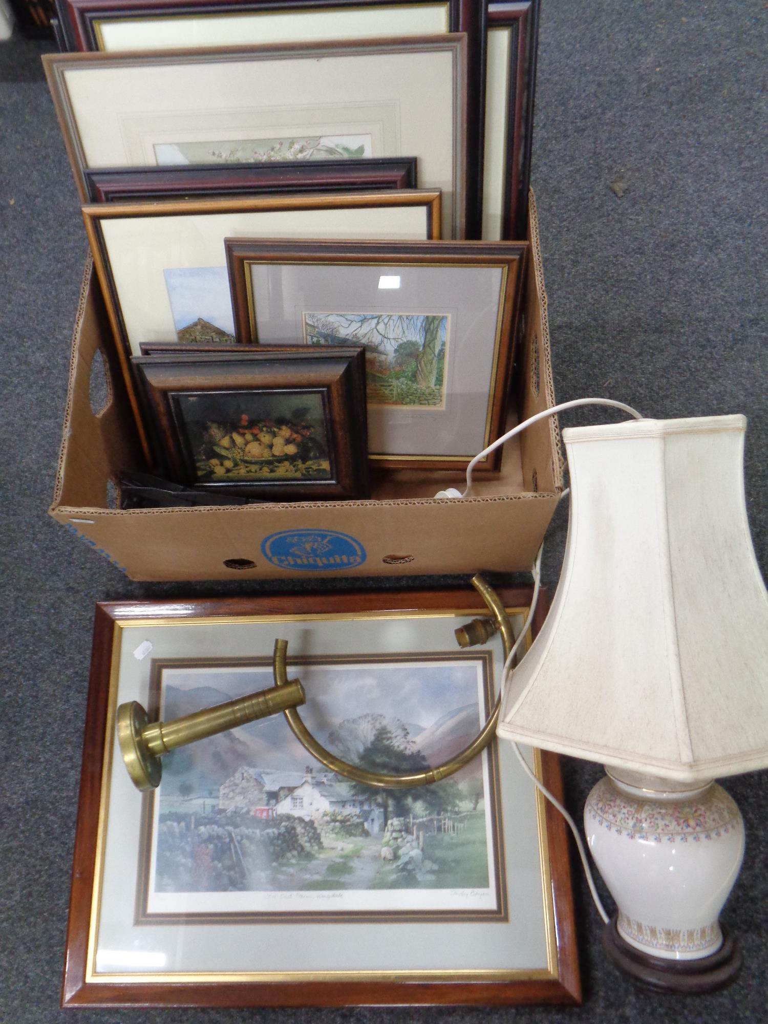 A box containing assorted framed pictures and prints to include a Judy Boyes signed print,