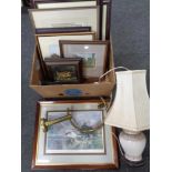 A box containing assorted framed pictures and prints to include a Judy Boyes signed print,