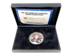 A NumisProof Winston Churchill 2oz Silver Proof Coin, boxed with certificate of authenticity.