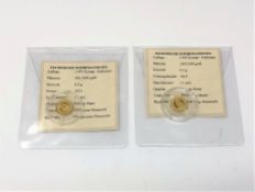 Two 14ct gold Commemorative Princess Diana Coins, 1g gross.