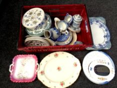 A crate of assorted antique and later ceramics to include meat plates, Copeland Spode jug,