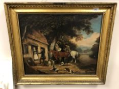 Follower of George Morland (British 1763 - 1804) : Figures with hounds by a cottage, oil on canvas,