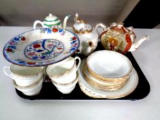 A tray containing antique and later ceramics to include Booths comport, teapots,