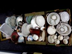 Three boxes containing antique and later ceramics to include 19th century tureens,