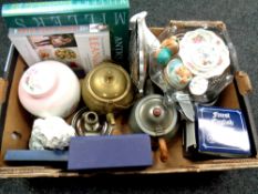 A box of books, Queen Elizabeth Golden Jubilee teaspoons, plated tea service, brass kettle,