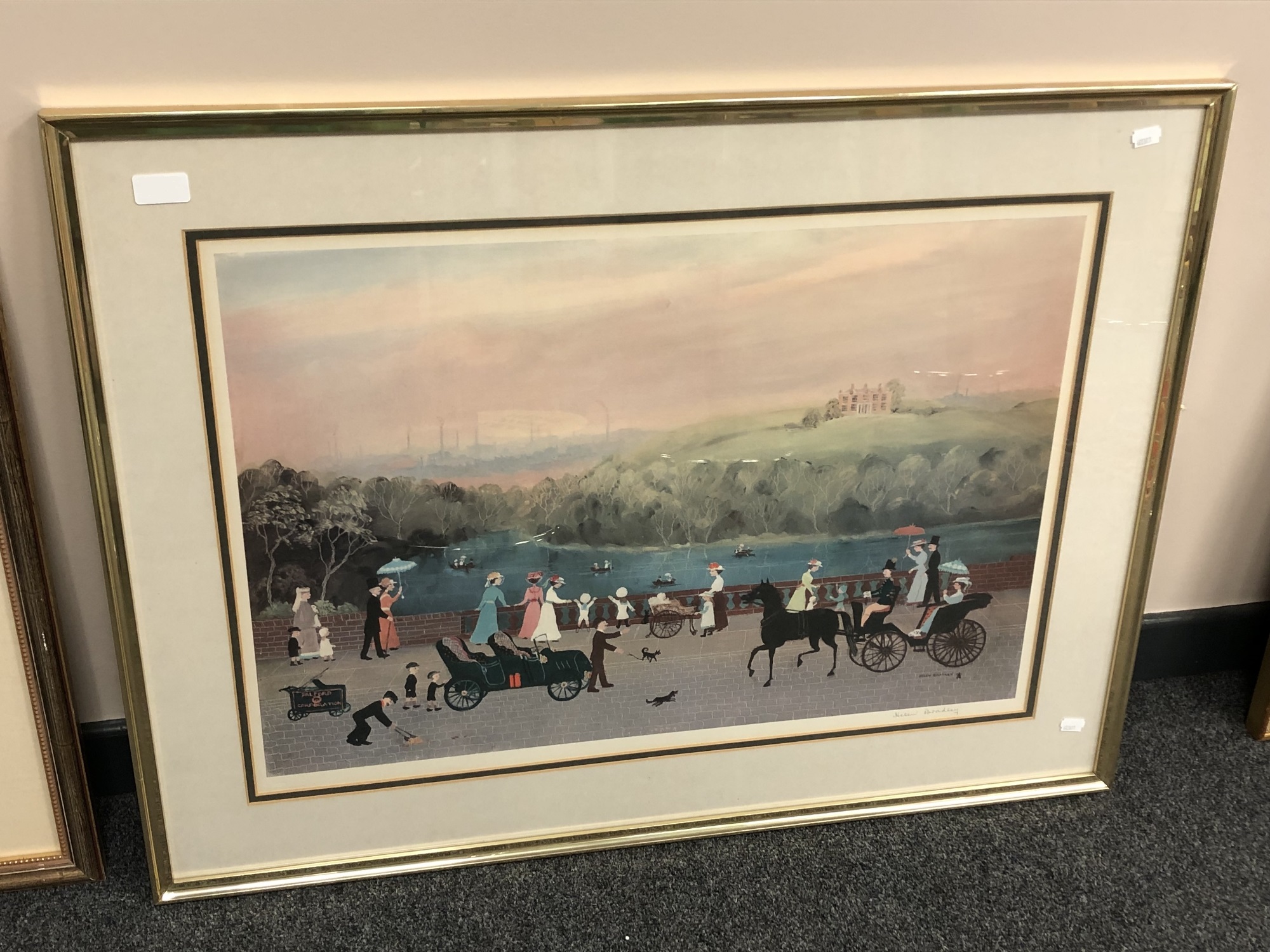 After Helen Bradley : Figures on a bridge, colour print, 71 x 49 cm,