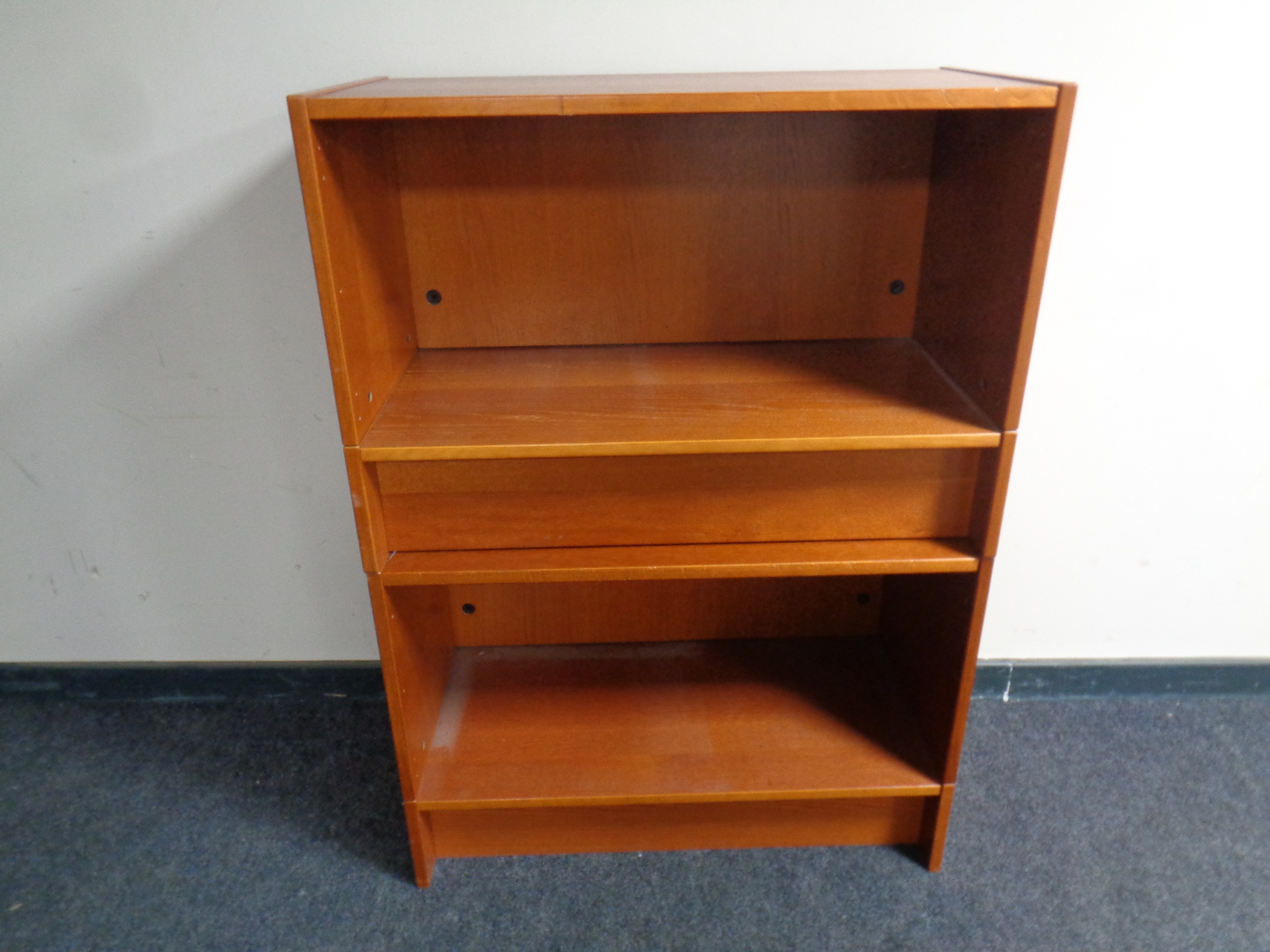 A pair of office open shelves in a teak finish, width 84cm,