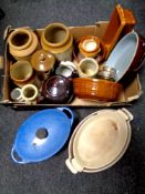 A box containing antique and later pottery kitchenalia to include storage jars, teapots, bowls,