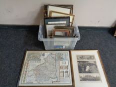 A box containing assorted pictures and prints, etchings, landscape scenes,