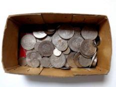 A box of assorted coins to include commemorative crowns, six pences,