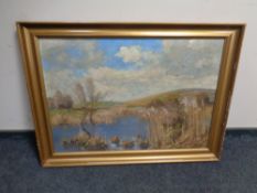 A continental oil on canvas depicting ducks over marshland, oil on canvas,