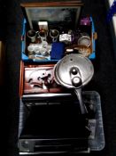 Two boxes containing assorted electricals, wall clock, plated tankards, tea ware,