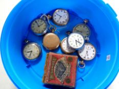 A tub containing nine assorted pocket watches to include Ingersoll,