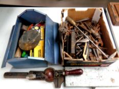 A metal concertina tool box and a further box containing vintage hand tools,