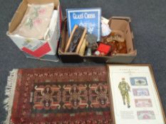 Two boxes of assorted linen, glass trinket set, pewter teapot, Royal Doulton lady figure,