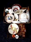 Two boxes of ceramics and glass ware : Maddic dinner ware, china cake stand, vases,