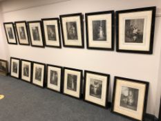 A set of 15 monochrome engravings depicting figures and taverns, in ebonised frames.