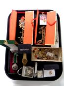 A tray containing a quantity of costume jewellery, sterling silver jewellery, Sekonda wristwatch,