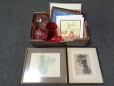 A box containing assorted framed pictures and four coloured glass vases