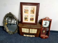 A box containing valve radio, gilt chalk mirror, wall clock,