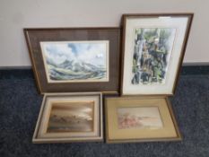 Two Peter Taylor watercolours, Langdale Pikes and a waterfall, framed, together with a M. C.